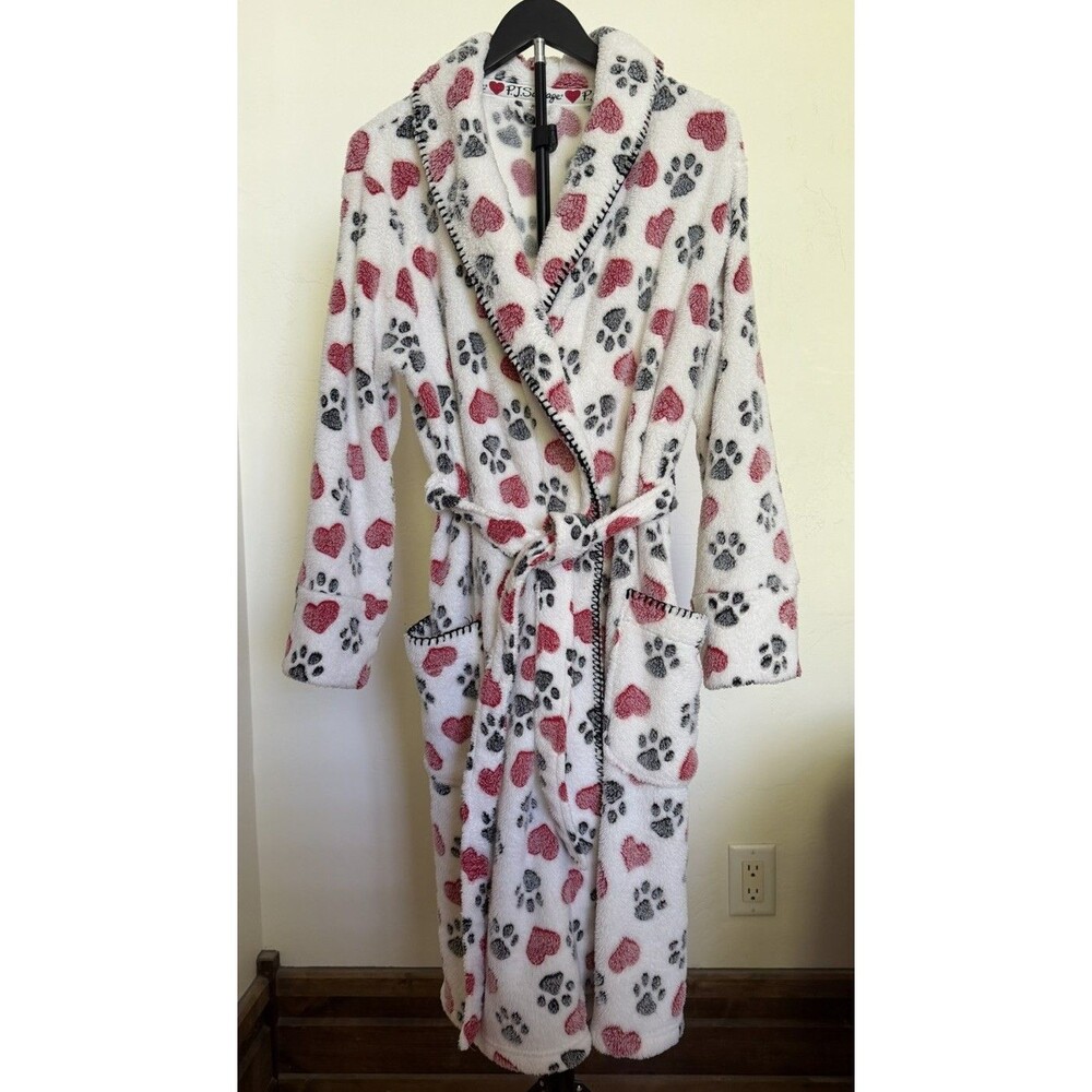 PJ Salvage Paw Prints And Hearts Rare Top-Stitched Plush Robe  Soft Cozy Size M